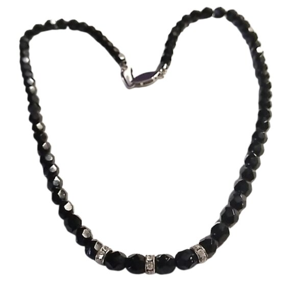 Vintage-Style Faceted Black Beaded Necklace with Rhinestone Rondelle Accents - Picture 4 of 16